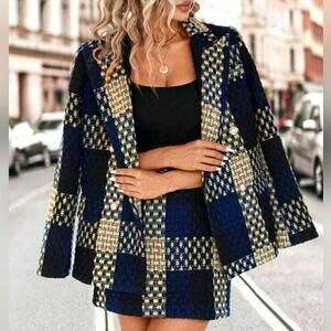 Peak Lapel Plaid Blazer and Skirt
